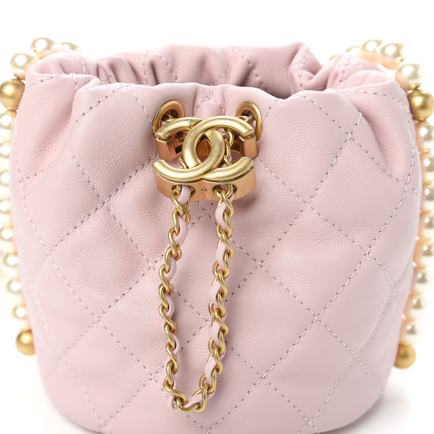 Calfskin Quilted Pearl Mini About Pearls Drawstring Bucket Light Pink