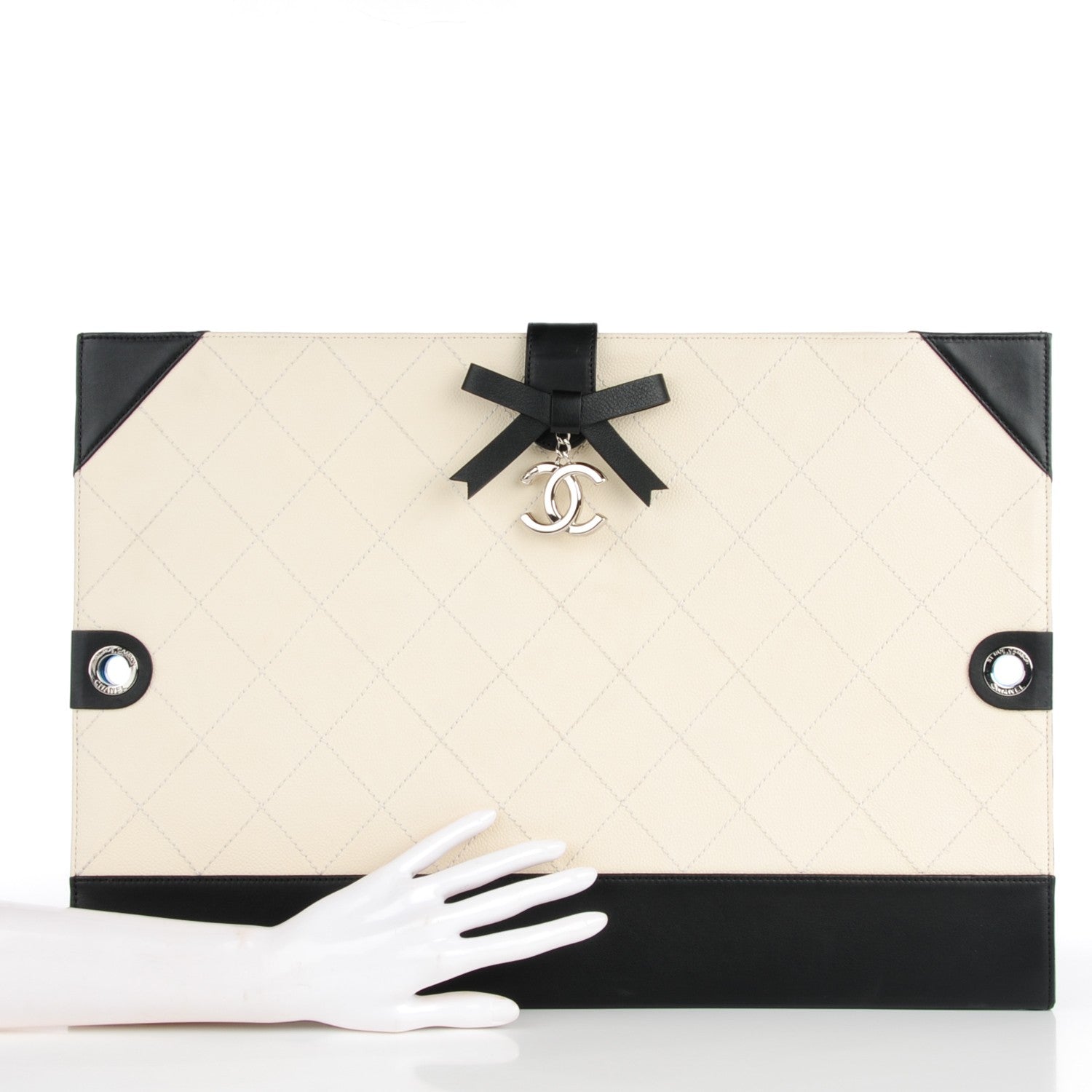 Chanel Caviar Stitched Bowtie Drawing Portfolio Bag White Black 2 of 7