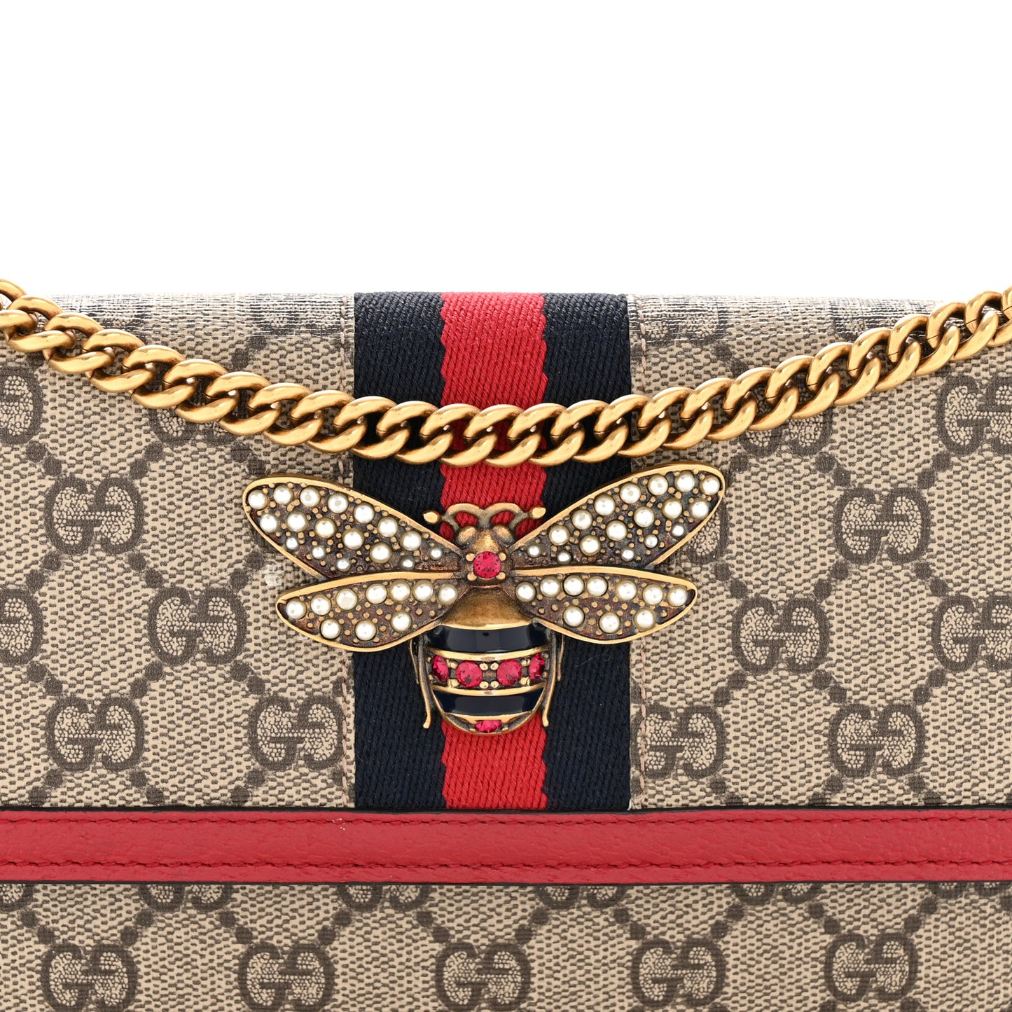 GG Supreme Monogram Web Queen Margaret Chain Wallet Red