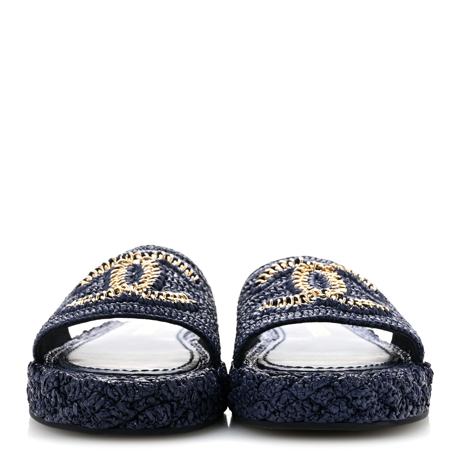 Chanel Braided Cord CC Espadrille Slip On Sandals 38 Navy Blue