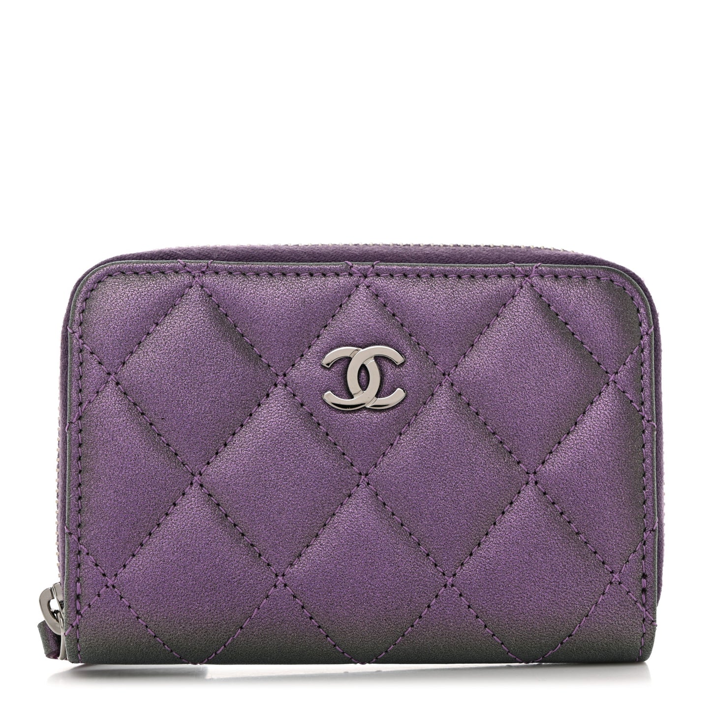 Metallic Lambskin Quilted Zip Around Coin Purse Wallet Dark Purple