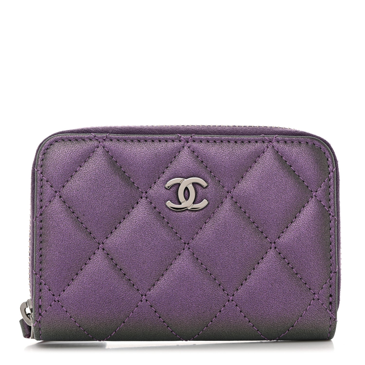 Chanel Metallic Lambskin Quilted Zip Around Coin Purse Wallet Dark Purple 1 of 7