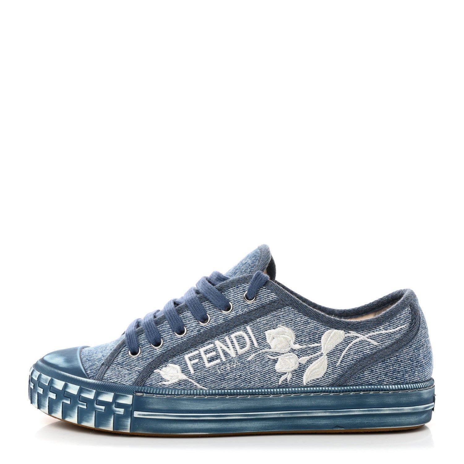 Fendi Denim Logo Rose Embroidered Womens Domino Low Top Sneakers 40 Denim White 1 of 8