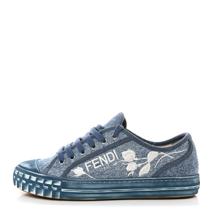 Fendi Denim Logo Rose Embroidered Womens Domino Low Top Sneakers 40 Denim White 1 of 8