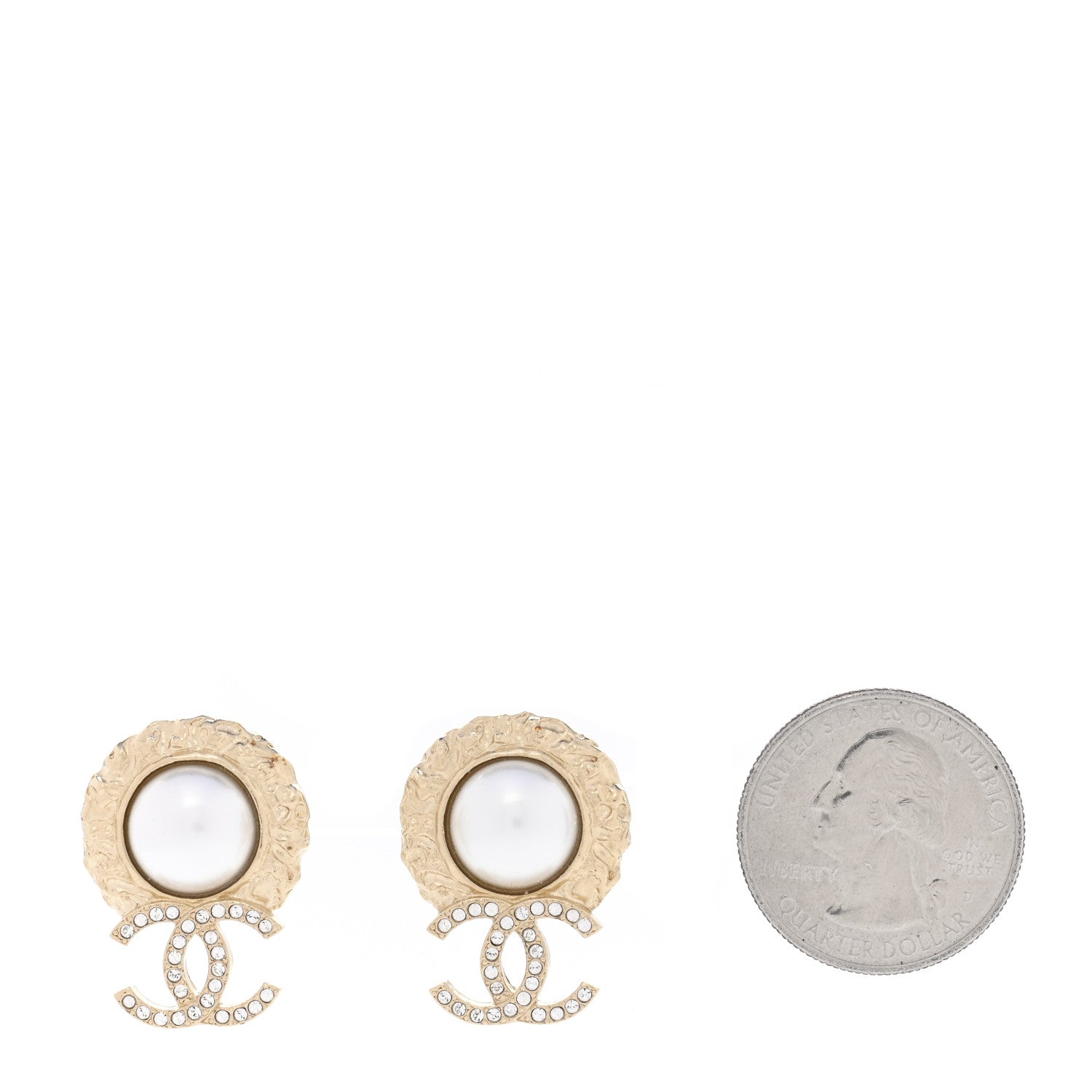 Chanel Crystal Pearl Textured CC Round Drop Earrings Gold 3 of 6