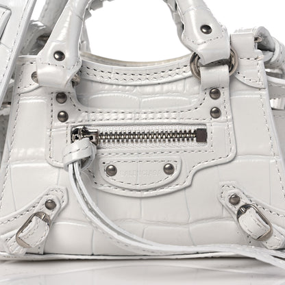 Balenciaga Extra Supple Calfskin Crocodile Embossed Neo Classic Silver Hardware Super Nano City Crossbody White 9 of 11
