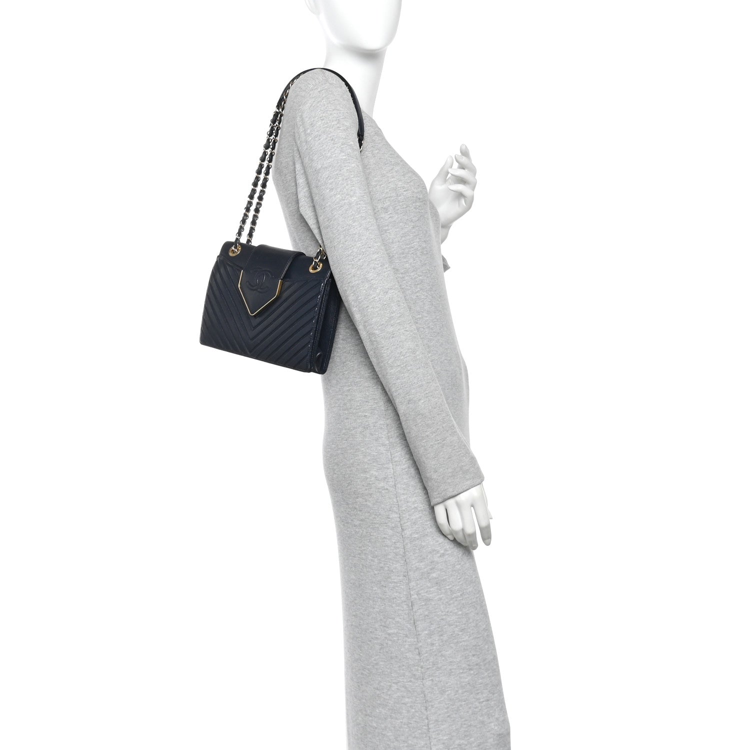 Chanel Shiny Sheepskin Chevron Quilted Collar and Tie Flap Navy 2 of 10