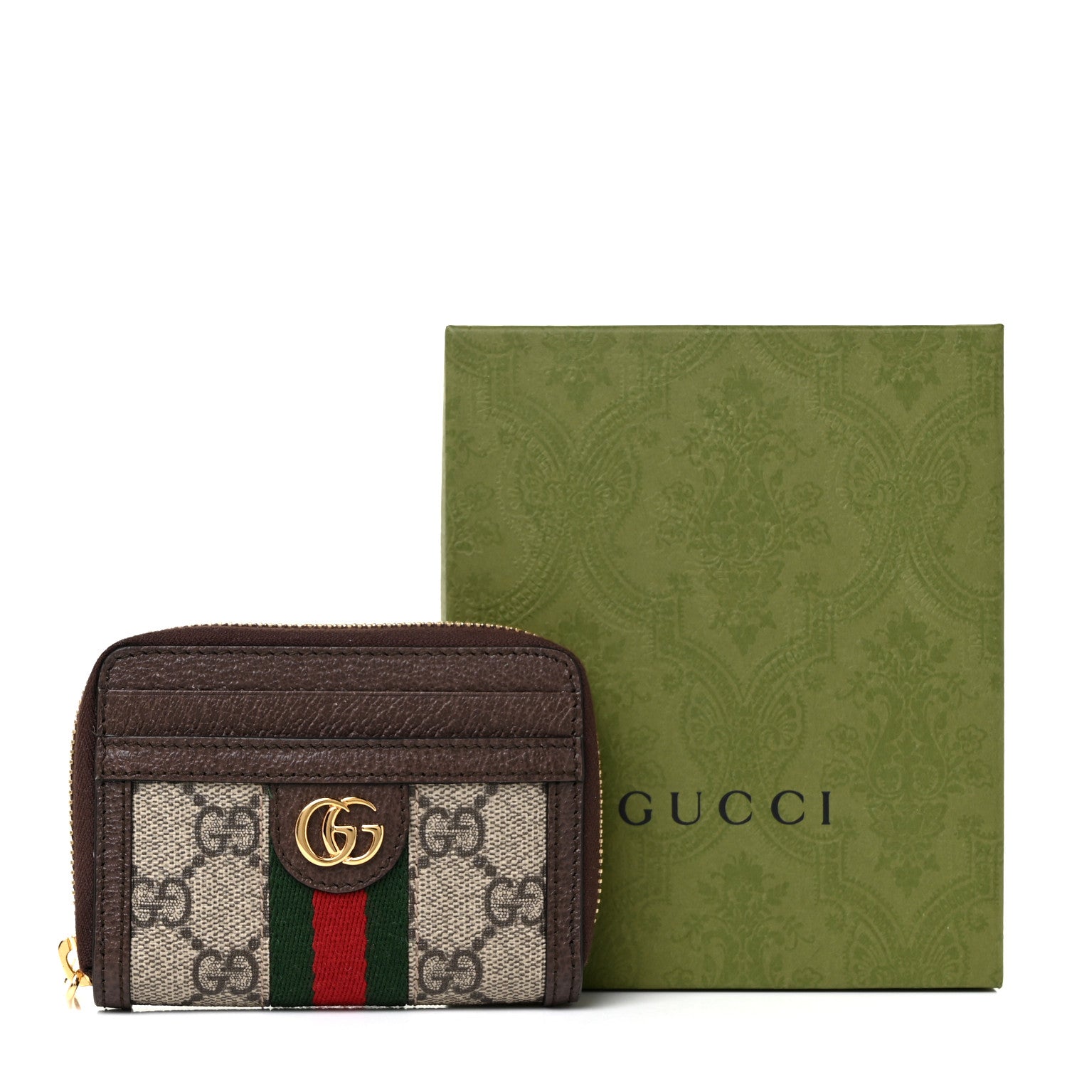Gucci GG Supreme Monogram Textured Dollar Calfskin Web Ophidia Zip Around Card Case Wallet Beige Ebony New Acero 9 of 9
