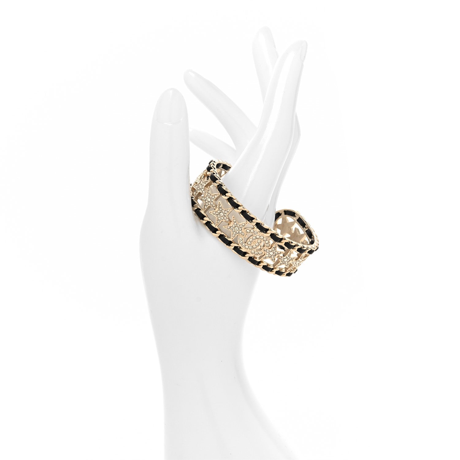 Chanel Lambskin Crystal CC Star Cuff S Bracelet Gold Black 2 of 6