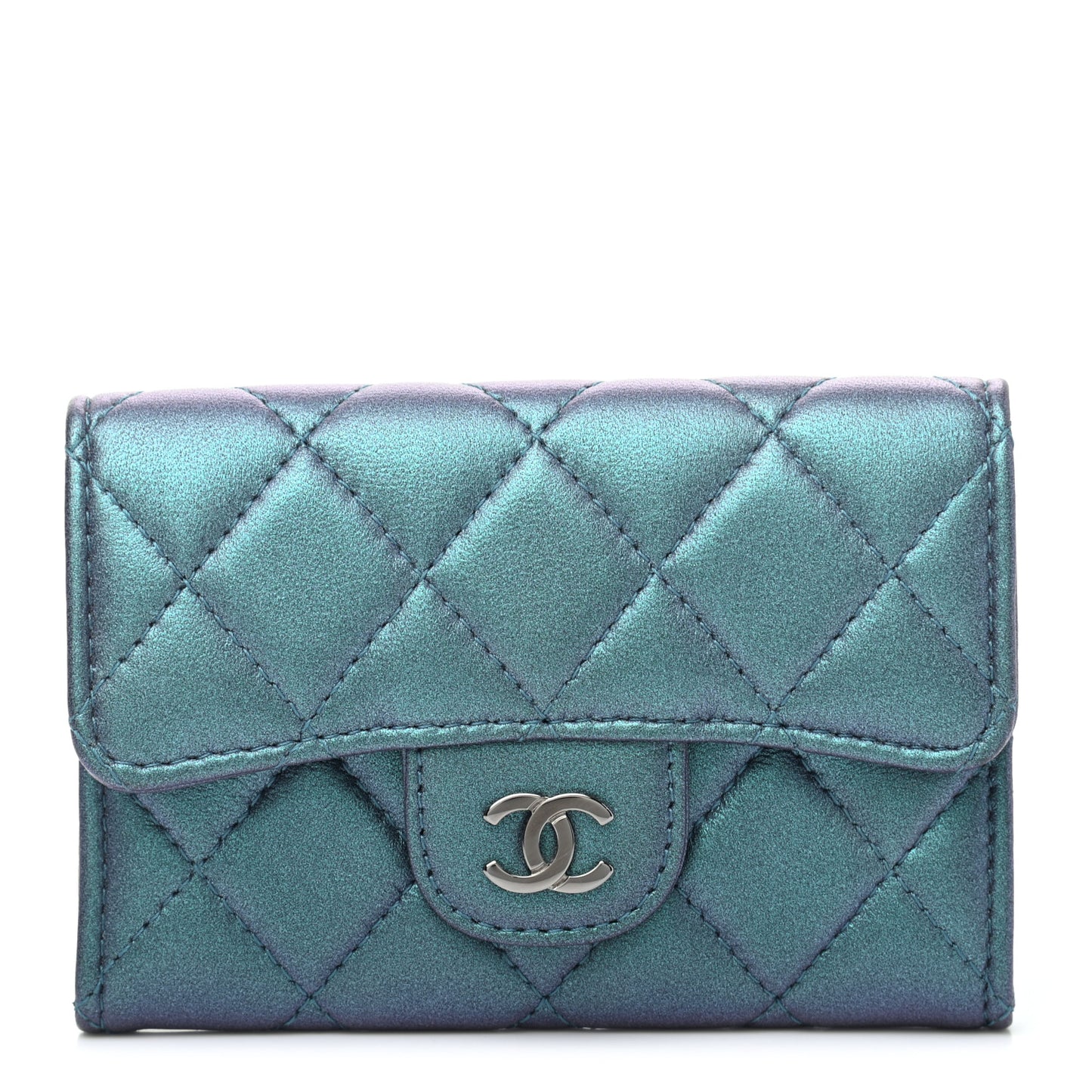 Iridescent Lambskin Quilted Flap Card Holder Turquoise