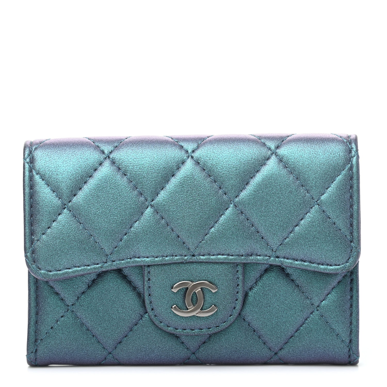 Chanel Iridescent Lambskin Quilted Flap Card Holder Turquoise 1 of 16