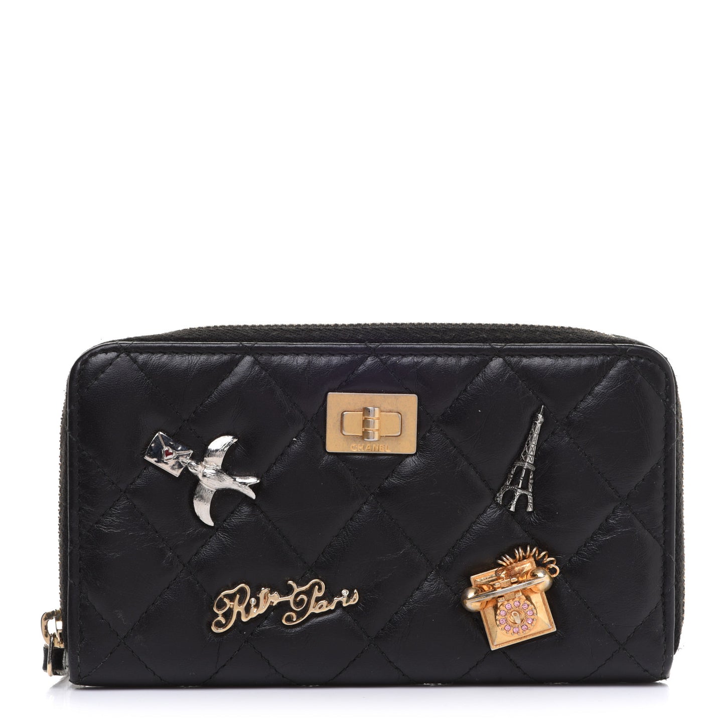 Aged Calfskin Quilted Small Lucky Charms 2.55 Reissue Zip Around Wallet Black