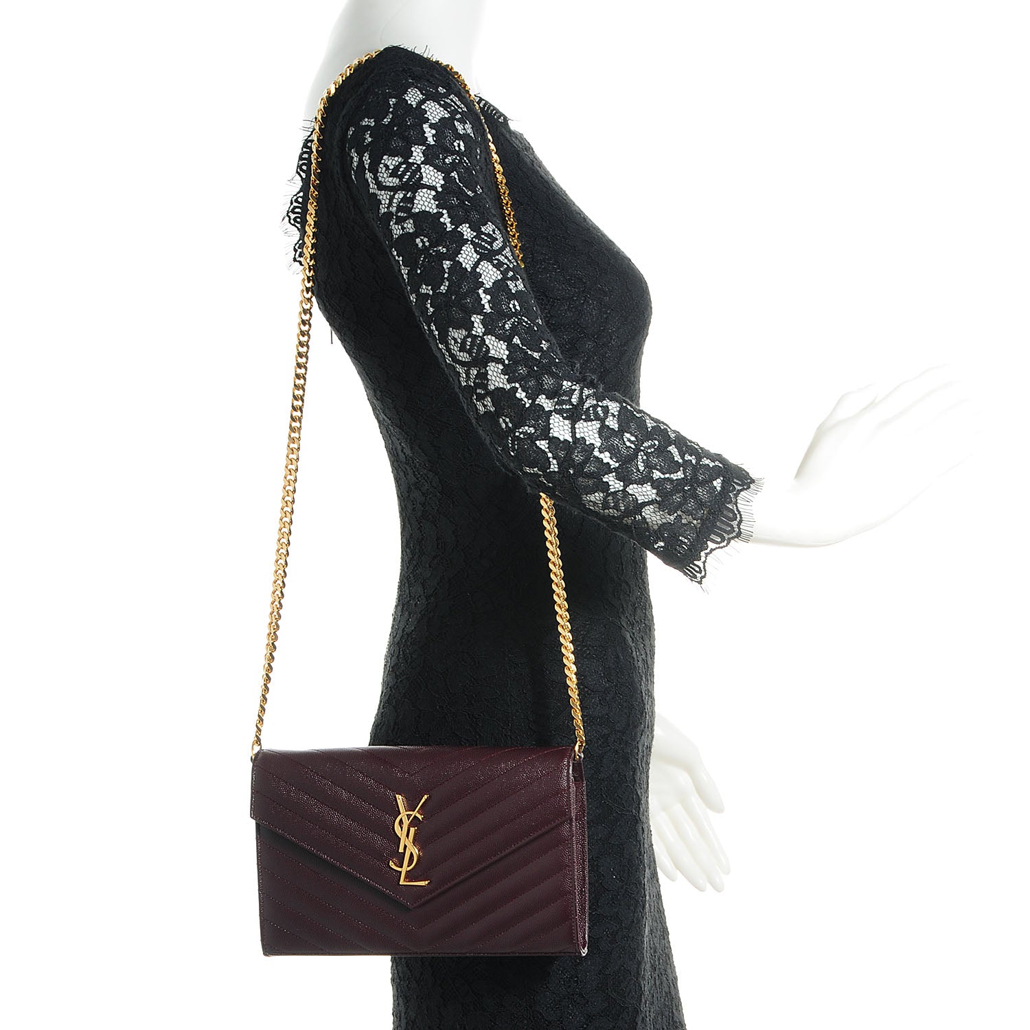 Saint Laurent Grain De Poudre Matelasse Chevron Monogram Chain Wallet Bordeaux 2 of 8