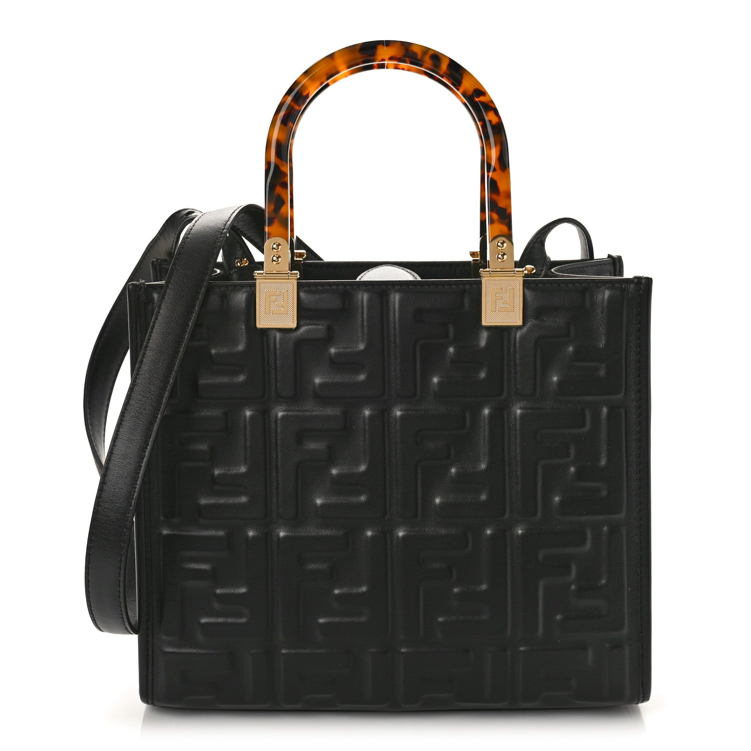 Fendi Vitello Plexiglass FF Embossed Small Fendi Sunshine Shopper Tote Black 1 of 8