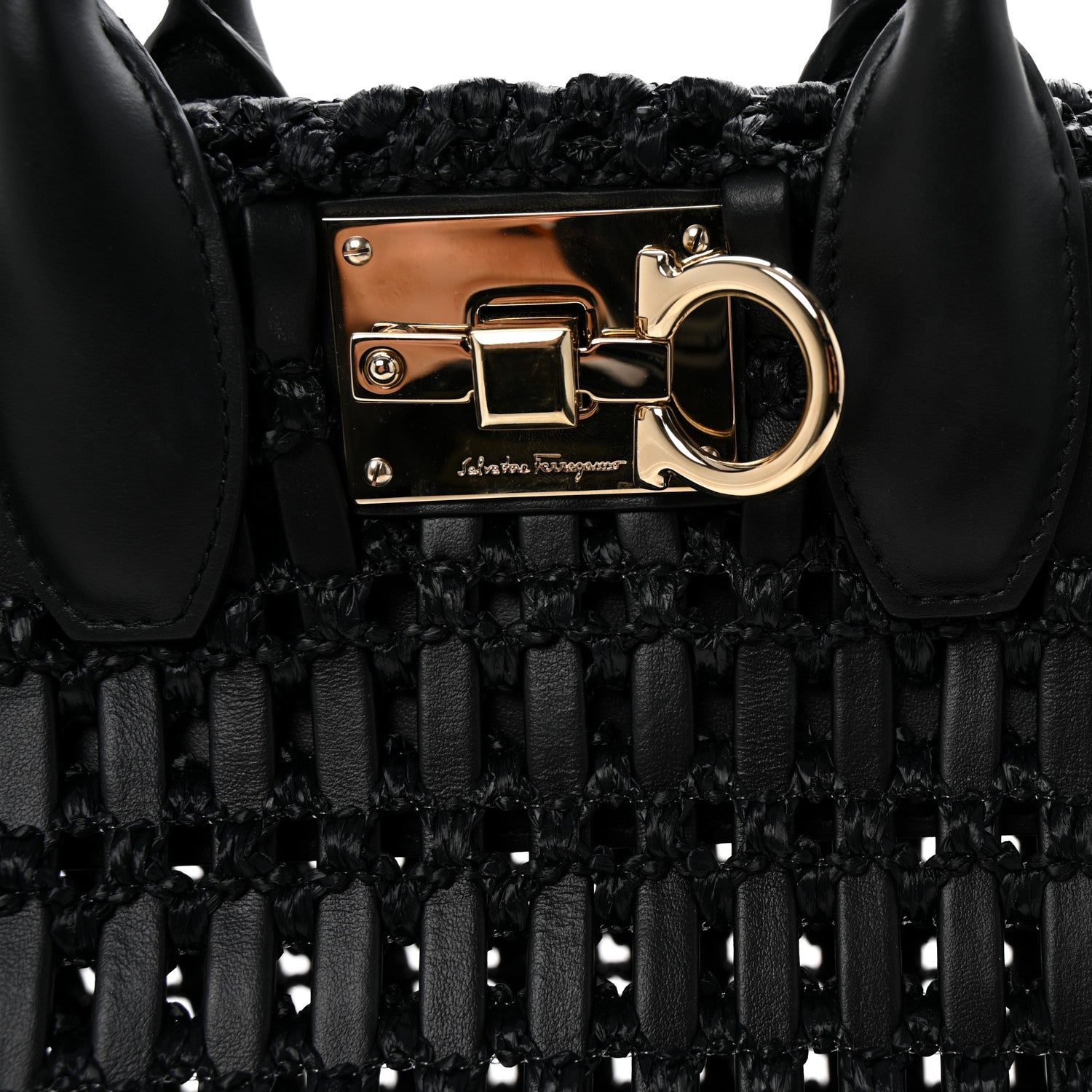 Salvatore Ferragamo Raffia Calfskin The Studio Box Tote Black 8 of 10