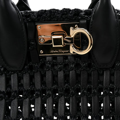 Salvatore Ferragamo Raffia Calfskin The Studio Box Tote Black 8 of 10