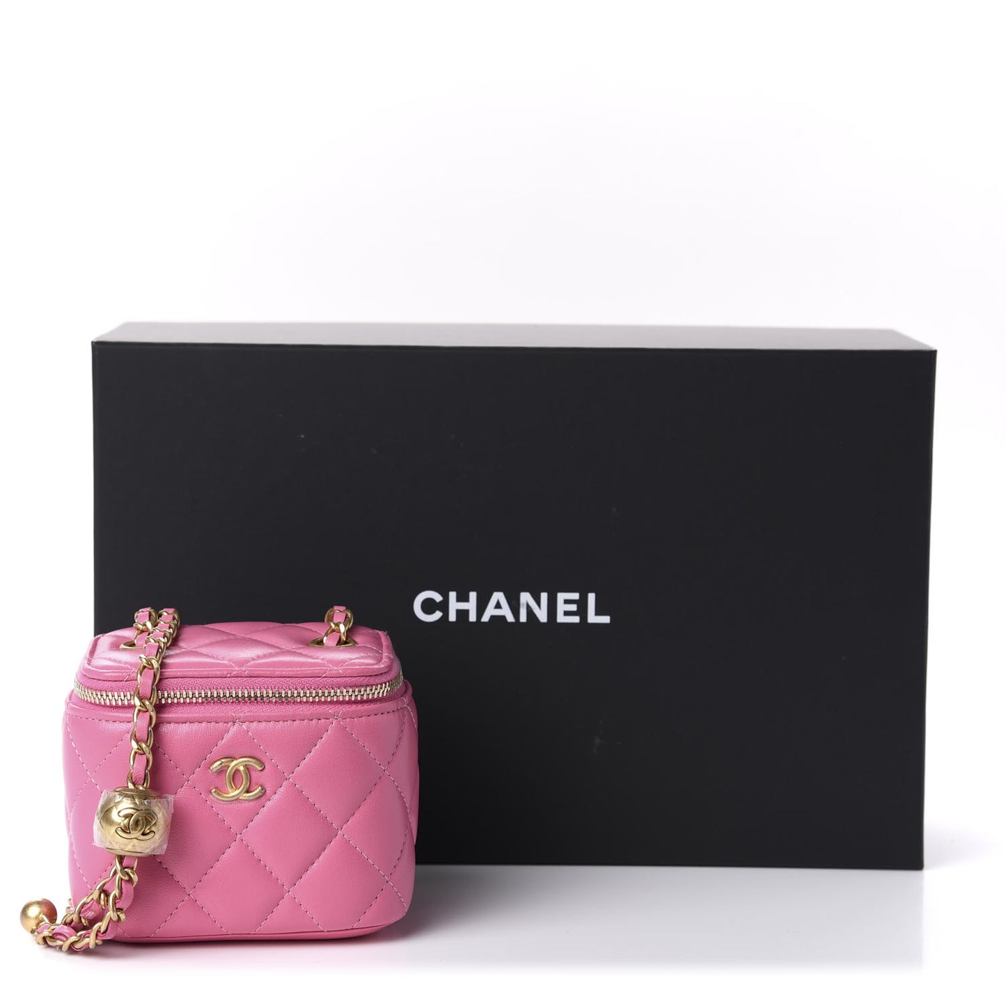 Lambskin Quilted Pearl Crush Mini Vanity Case With Chain Pink