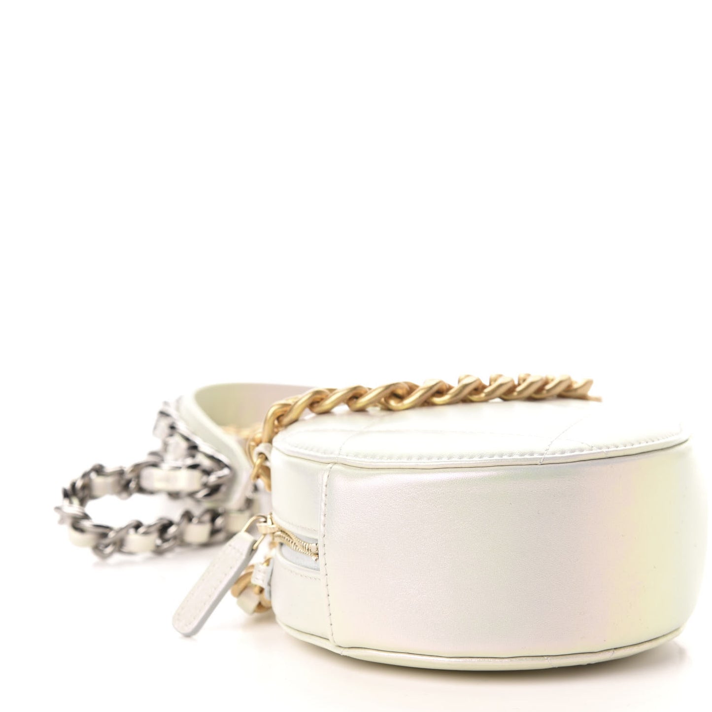 Iridescent Calfskin Quilted 19 Round Clutch With Chain White
