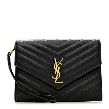 Saint Laurent Grain De Poudre Matelasse Chevron Monogram Envelope Clutch Black 1 of 6