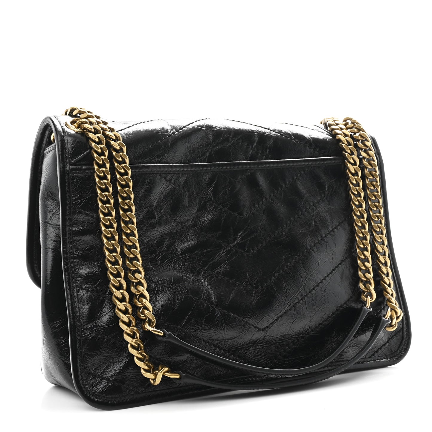 Crinkled Calfskin Matelasse Monogram Medium Niki Chain Satchel Black