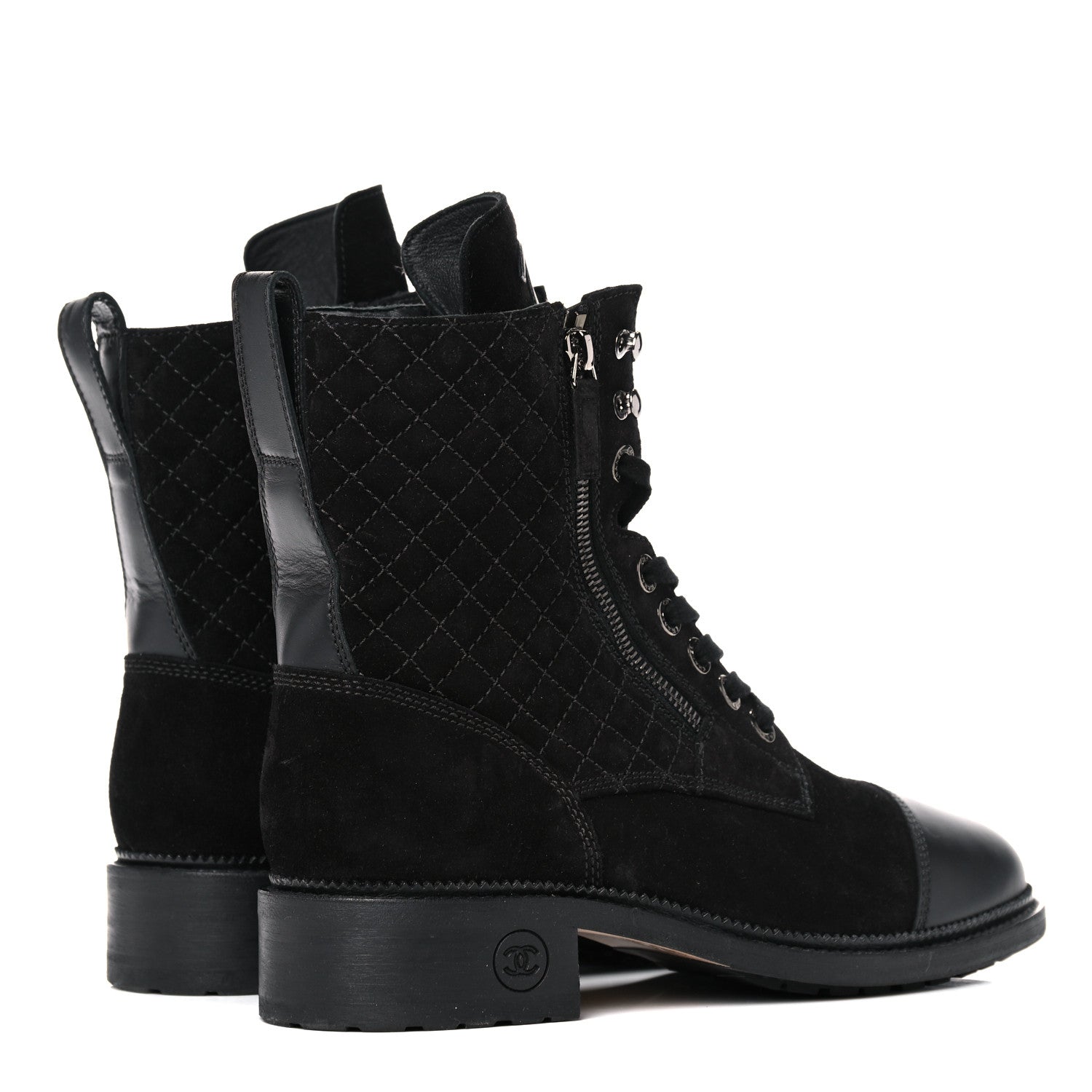Chanel Suede Quilted CC Lace Up Combat Boots 41 Black 4 of 11