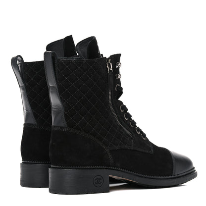 Chanel Suede Quilted CC Lace Up Combat Boots 41 Black 4 of 11