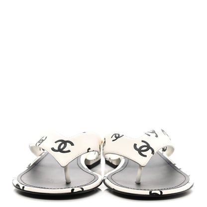 Chanel Printed Lambskin Coco Beach Thong Sandals 38.5 White Black 2 of 9