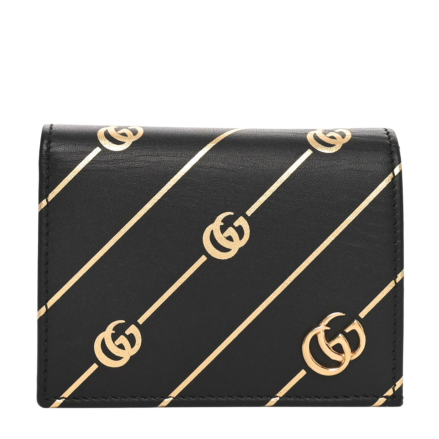 Gucci Calfskin Diagonal GG Card Case Black Gold 1 of 9
