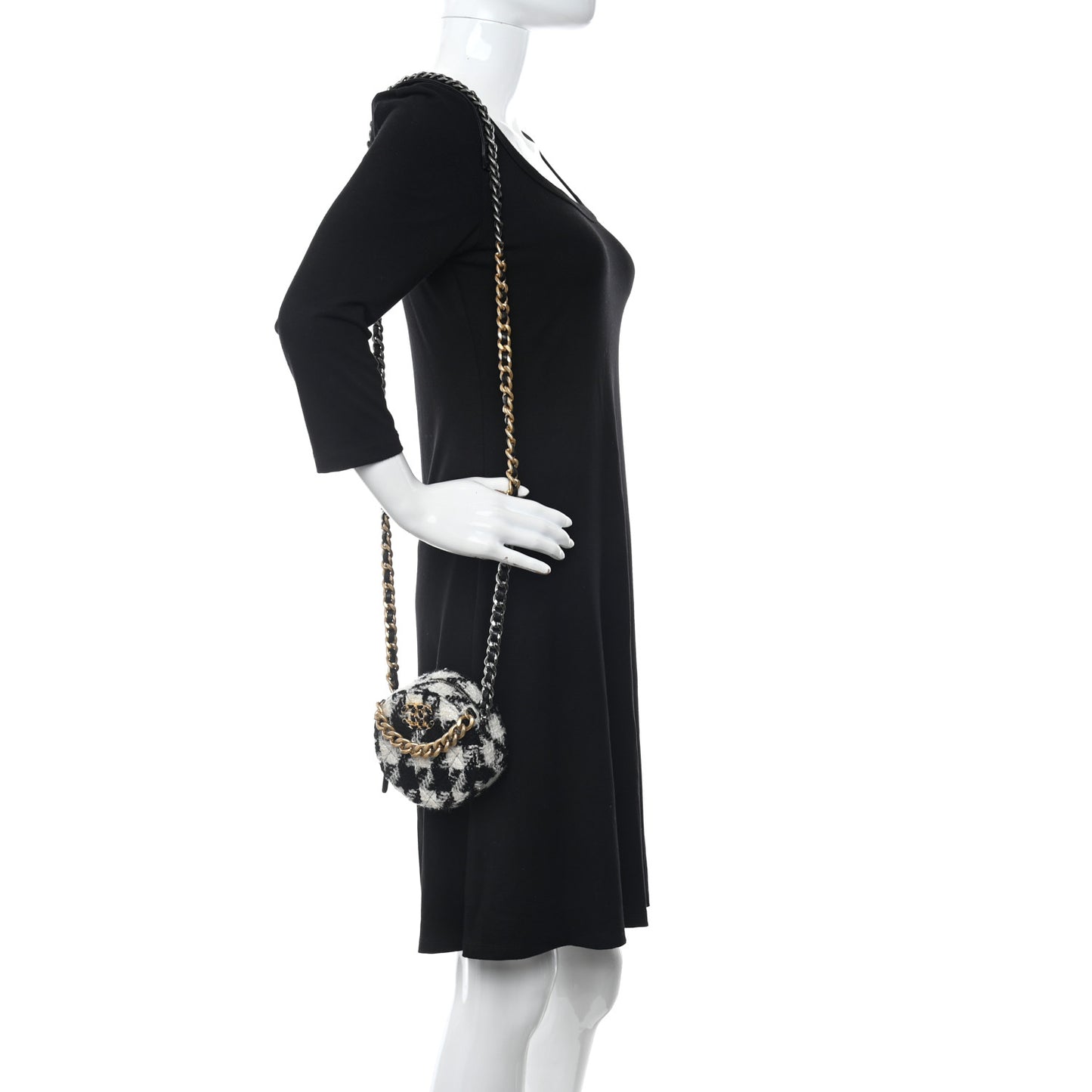 Wool Tweed Lambskin Quilted Chanel 19 Round Clutch With Chain and Coin Purse Black White
