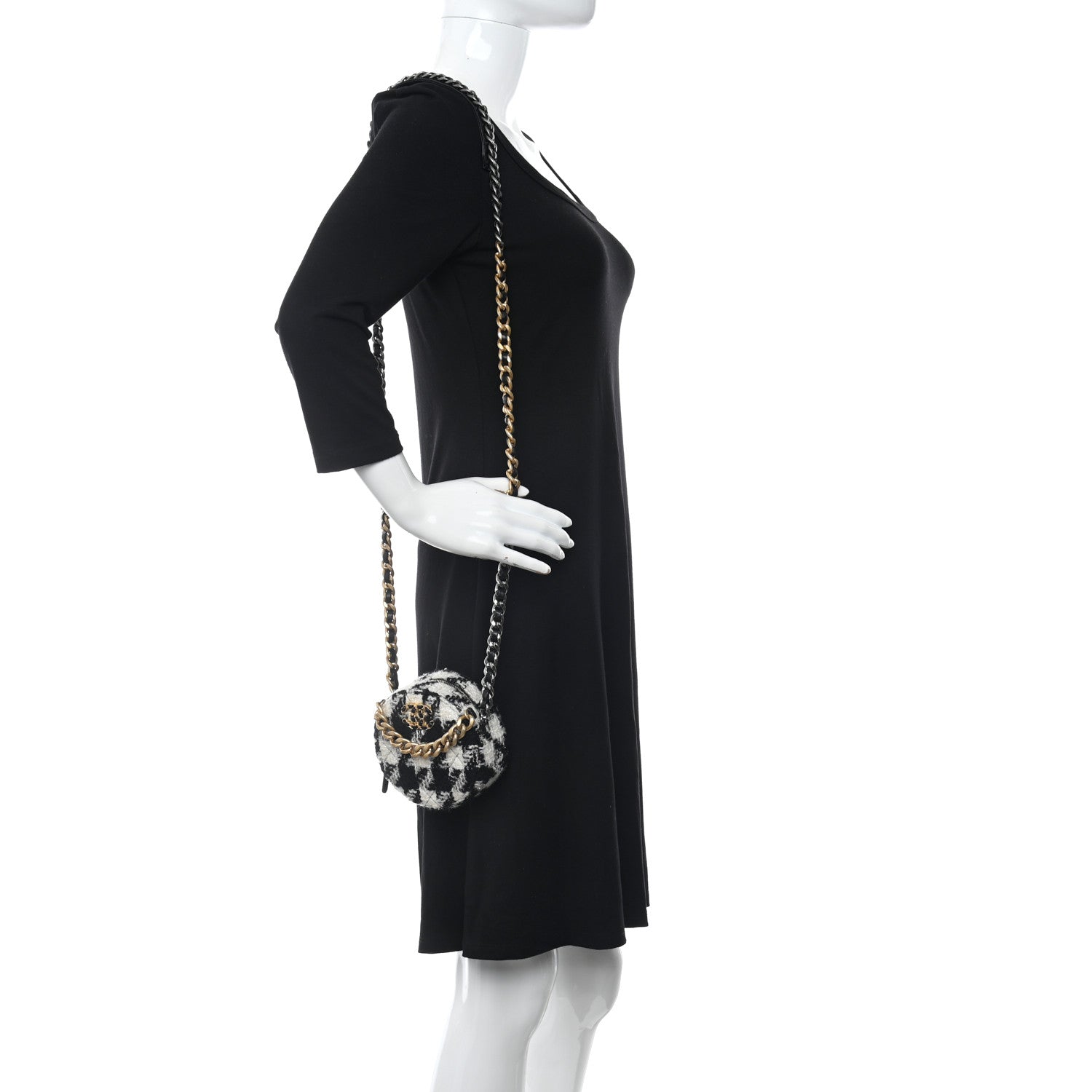 Chanel Wool Tweed Lambskin Quilted Chanel 19 Round Clutch With Chain and Coin Purse Black White 2 of 10