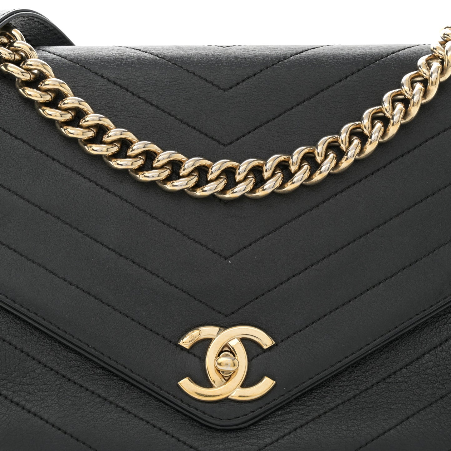 Calfskin Chevron Stitched Medium Coco Flap Bag Black