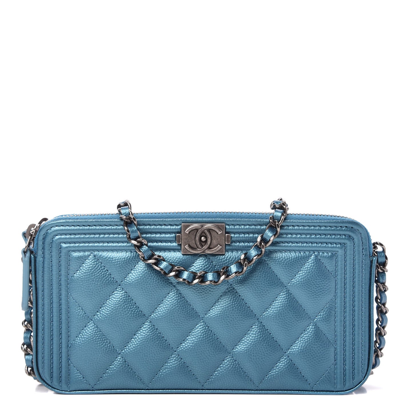 Metallic Caviar Quilted Small Boy Clutch With Chain Turquoise
