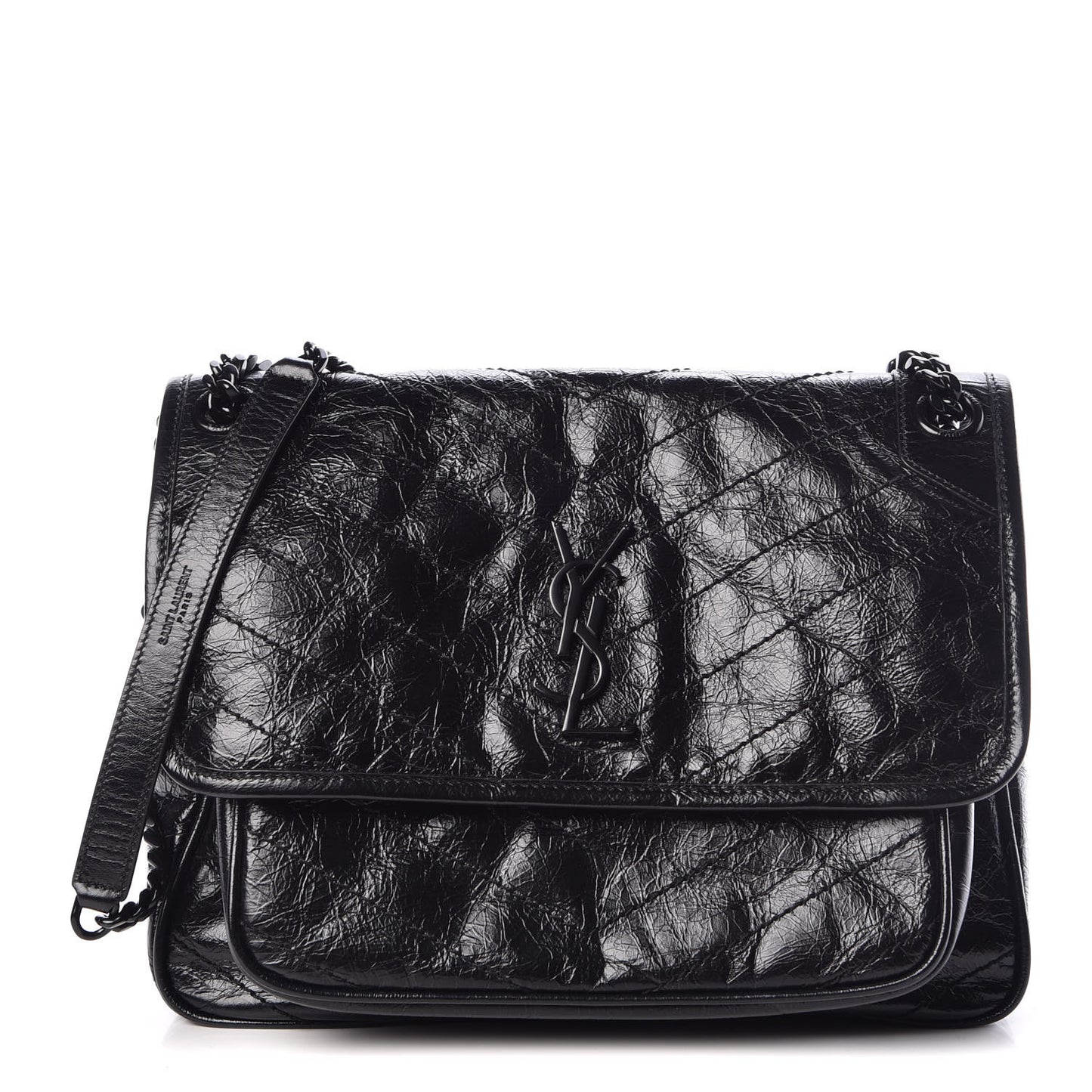 Crinkled Calfskin Matelasse Monogram Medium Niki Chain Satchel Black