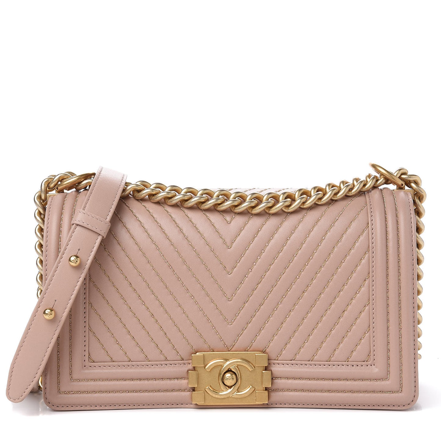 Lambskin Chevron Chain Stitched Medium Boy Flap Beige