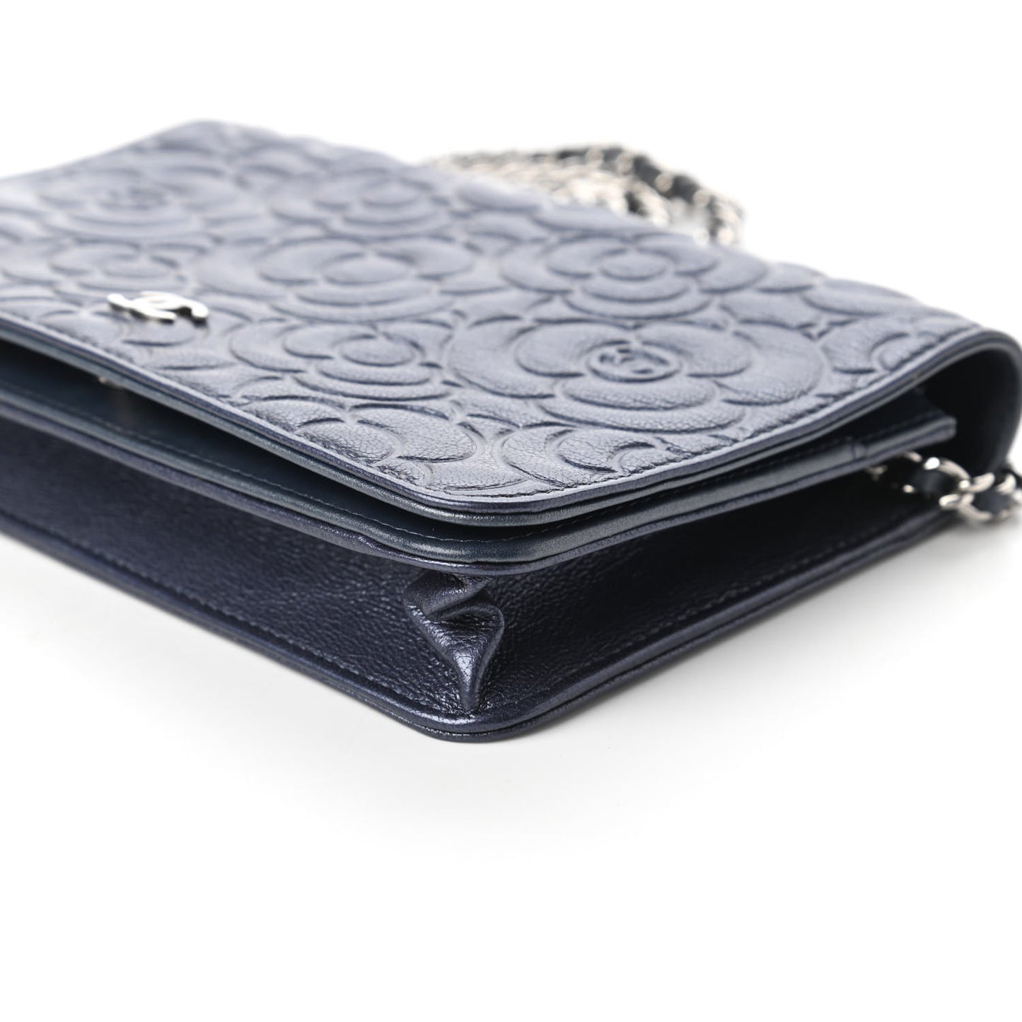 Goatskin Camellia Embossed Wallet On Chain WOC Blue