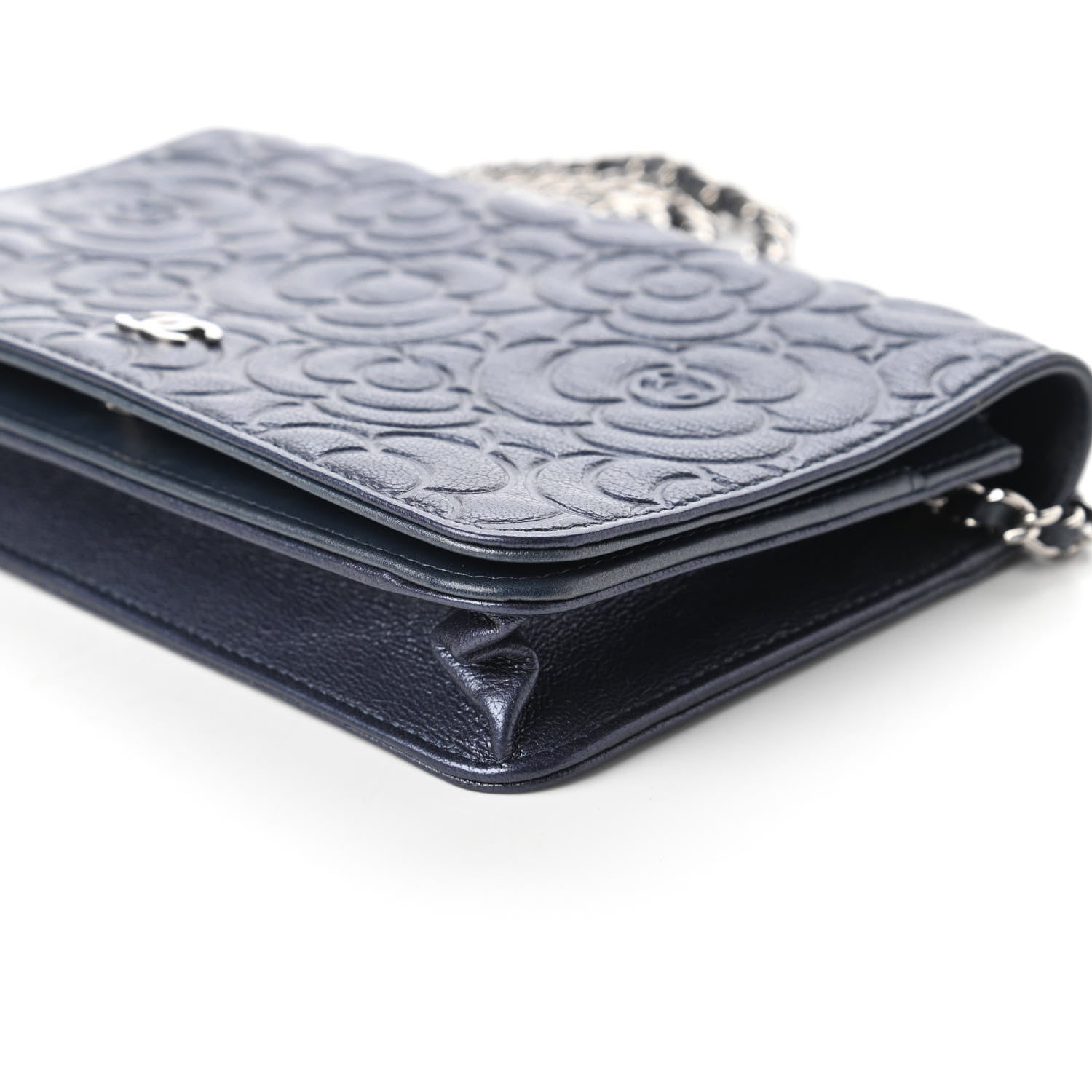 Chanel Goatskin Camellia Embossed Wallet On Chain WOC Blue 7 of 12