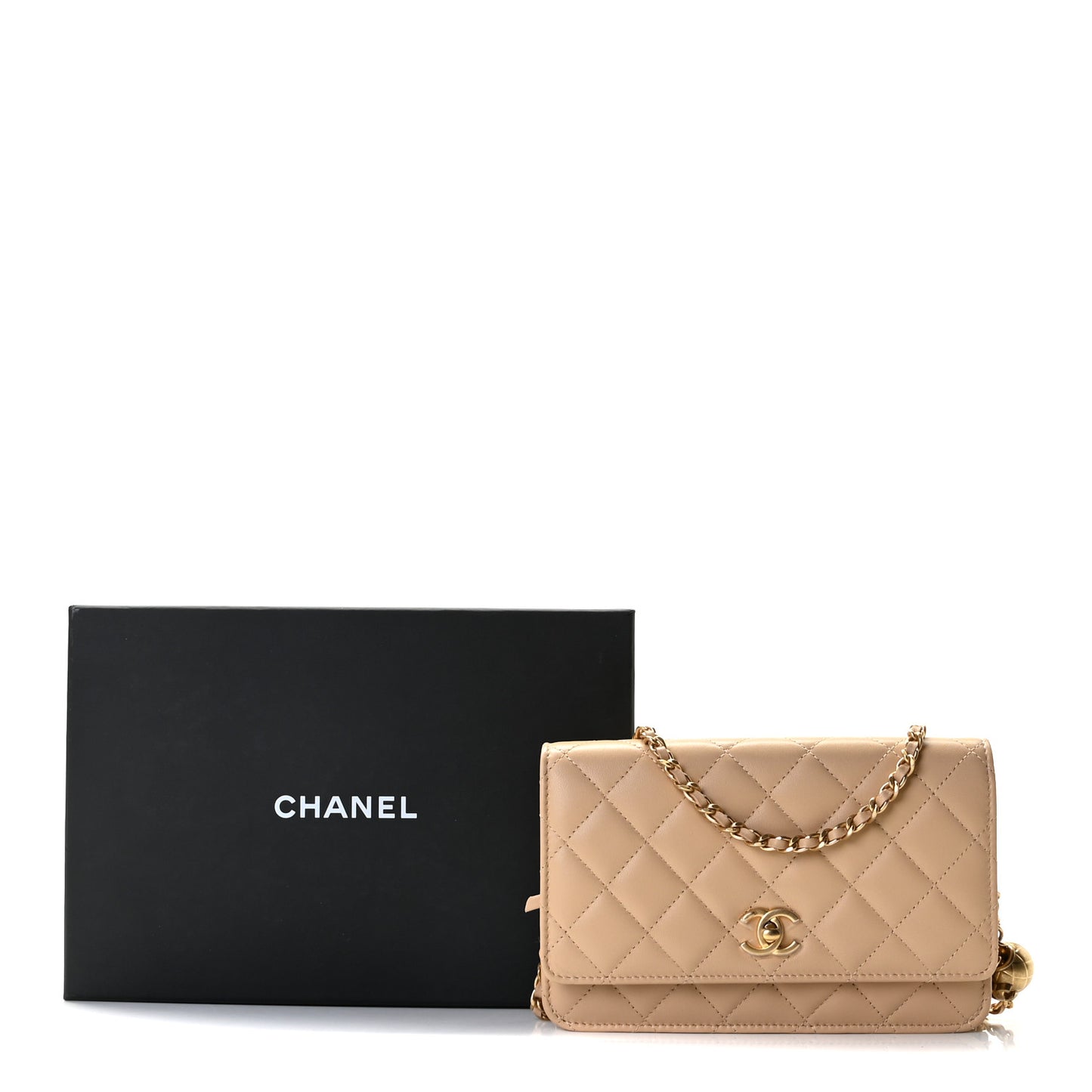 Lambskin Quilted CC Pearl Crush Wallet on Chain WOC Beige