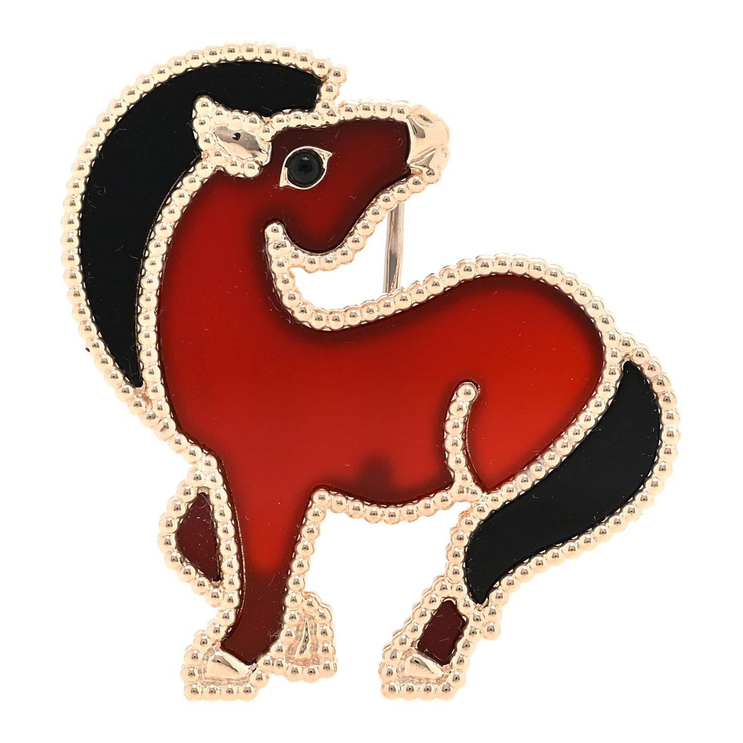 18K Rose Gold Carnelian Black Onyx Lucky Animals Horse Brooch