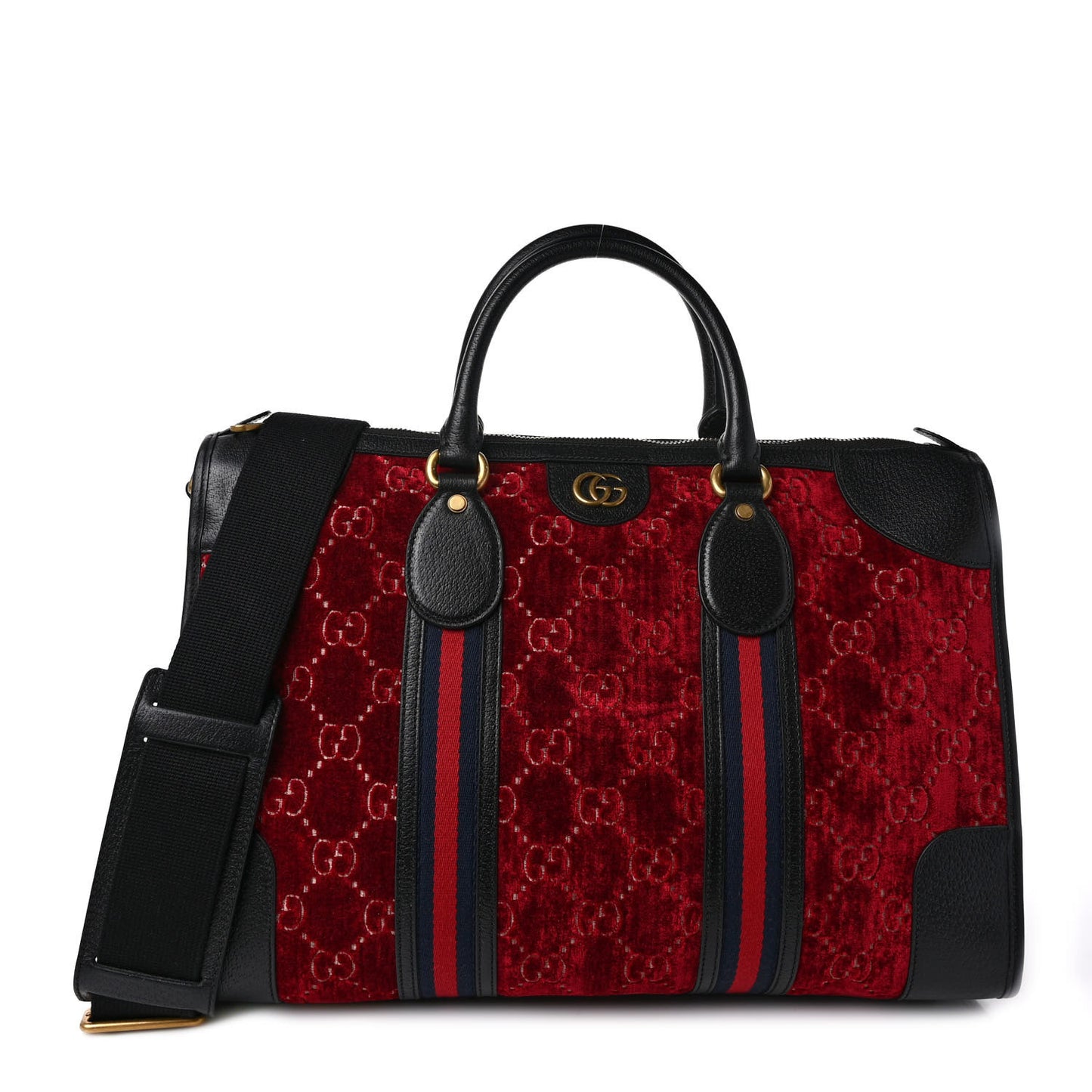 Velvet GG Monogram Textured Calfskin Web Medium Duffle Bag Red Cipria Black