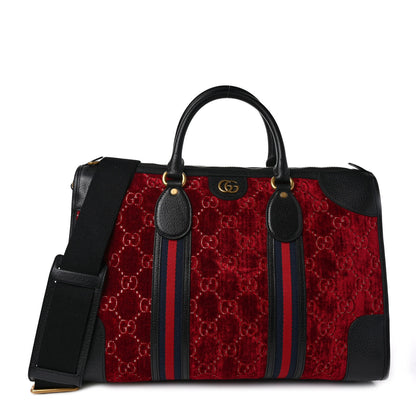 Gucci Velvet GG Monogram Textured Calfskin Web Medium Duffle Bag Red Cipria Black 1 of 11