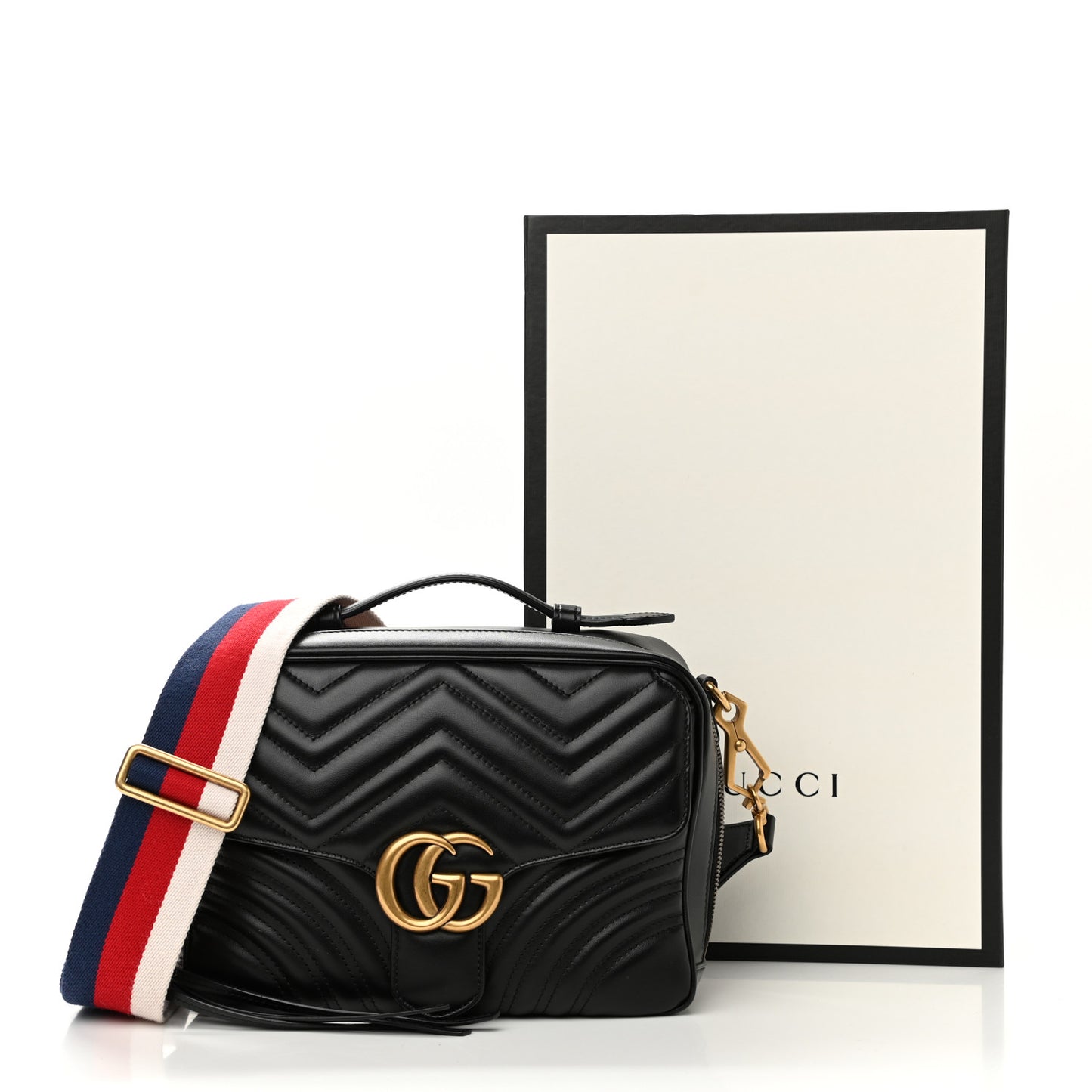 Calfskin Matelasse Sylvie Web Small GG Marmont Top Handle Shoulder Bag Black