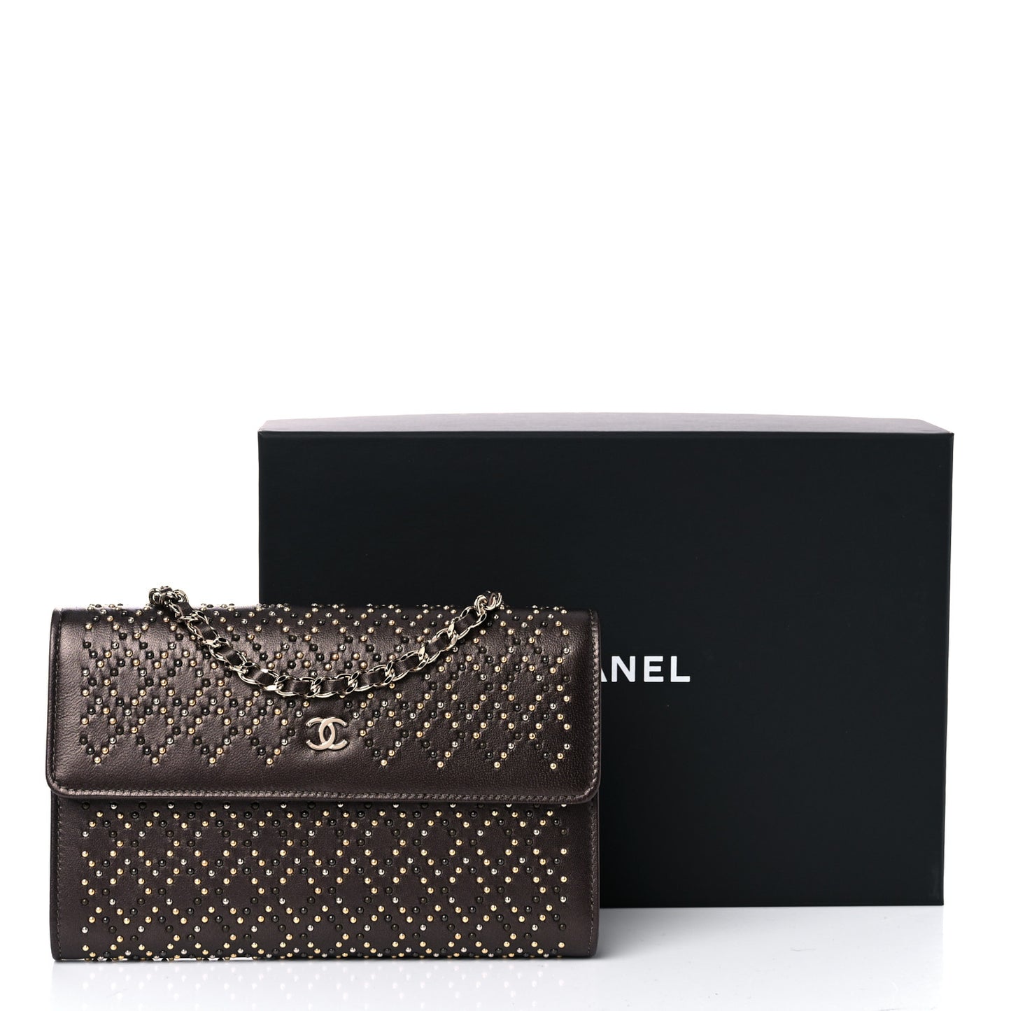 Lambskin Studded Wallet on Removable Chain Bronze