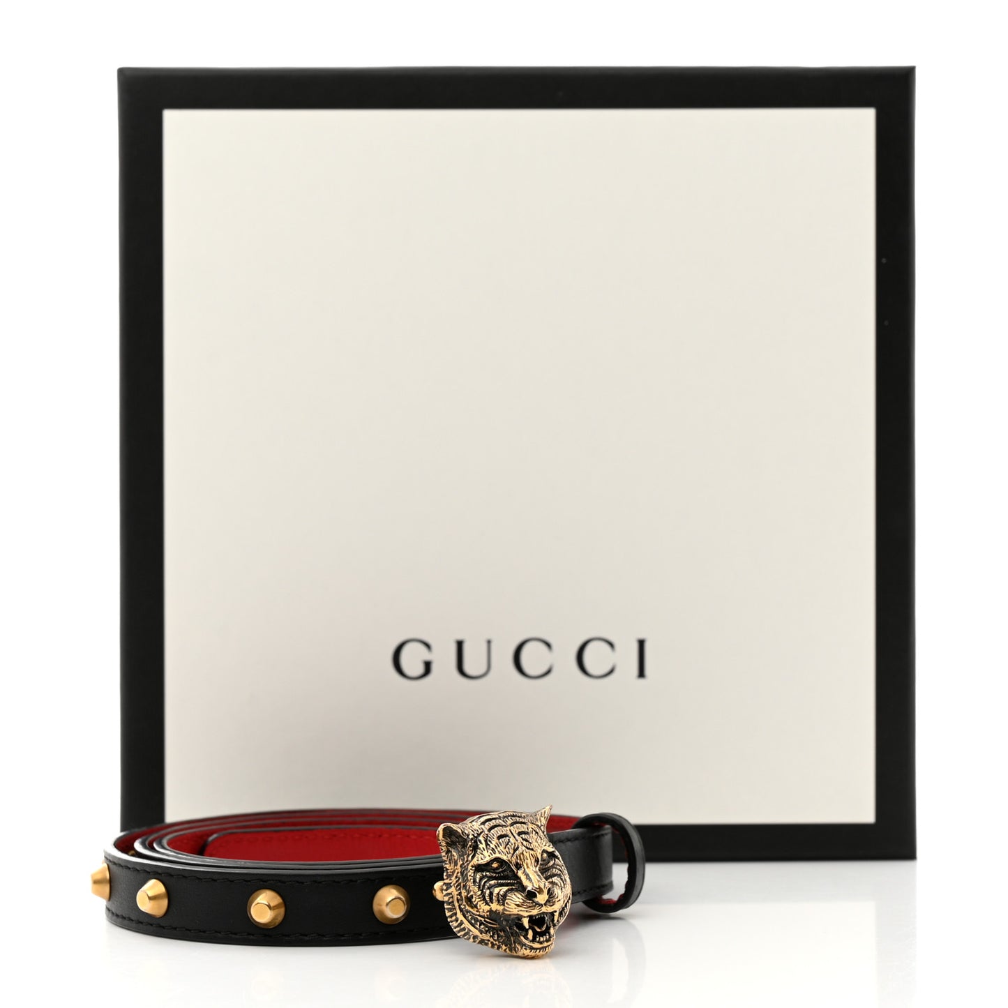 Calfskin Skinny Studded Feline Belt 80 32 Black Red