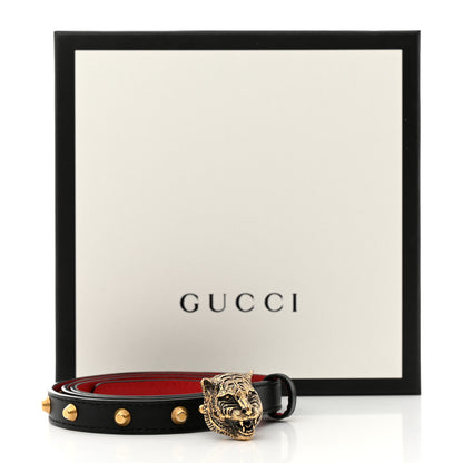 Gucci Calfskin Skinny Studded Feline Belt 80 32 Black Red 7 of 7