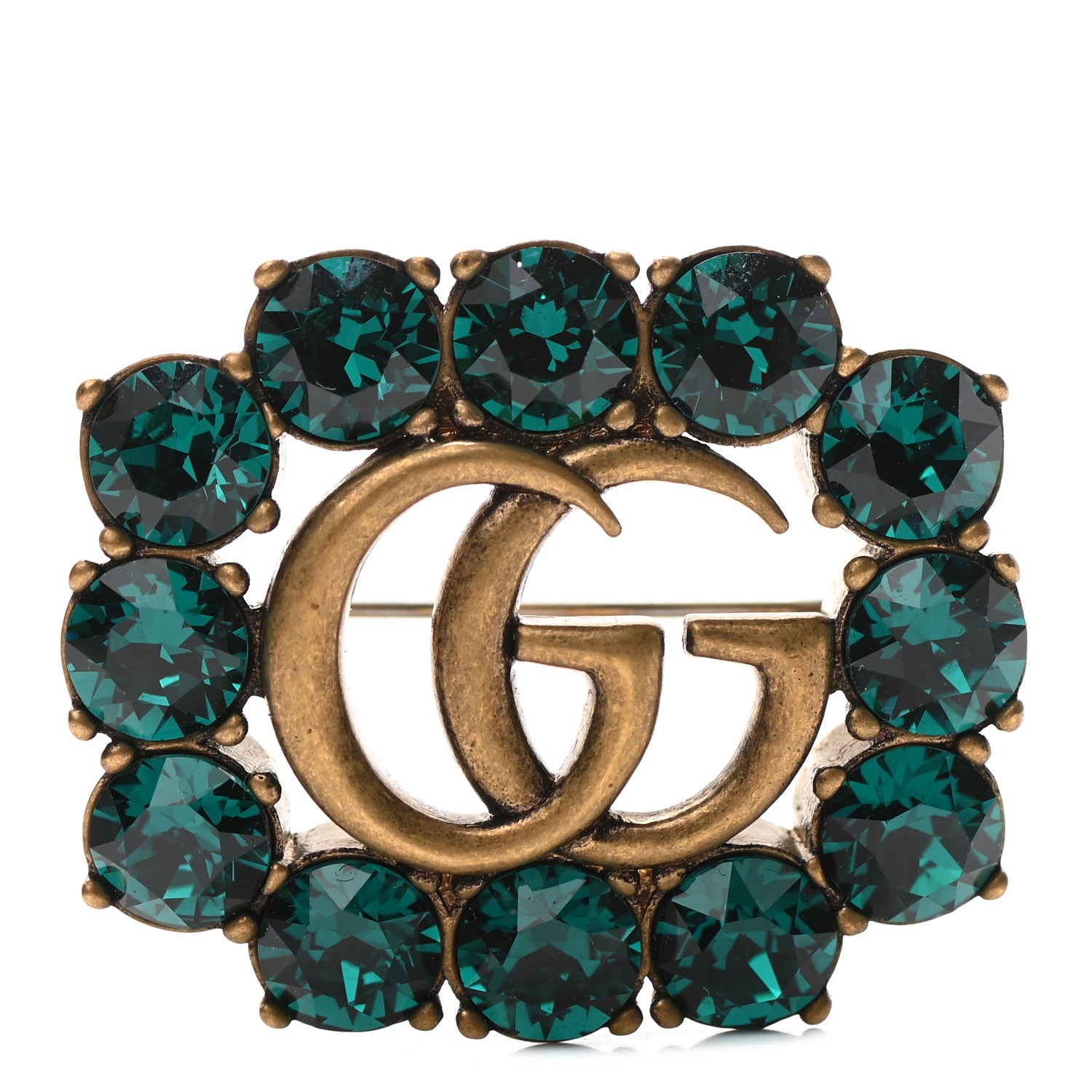 Gucci Metal Crystal Double G Brooch Aged Gold Green 1 of 4