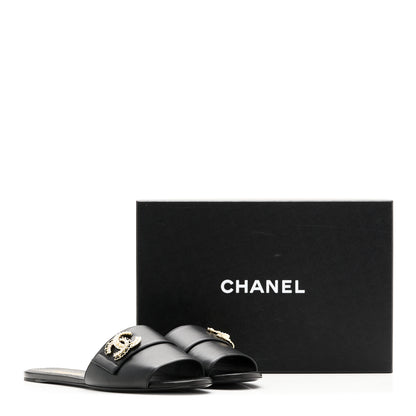 Chanel Lambskin Pearl Crystal CC Sandals 39.5 Black 9 of 9