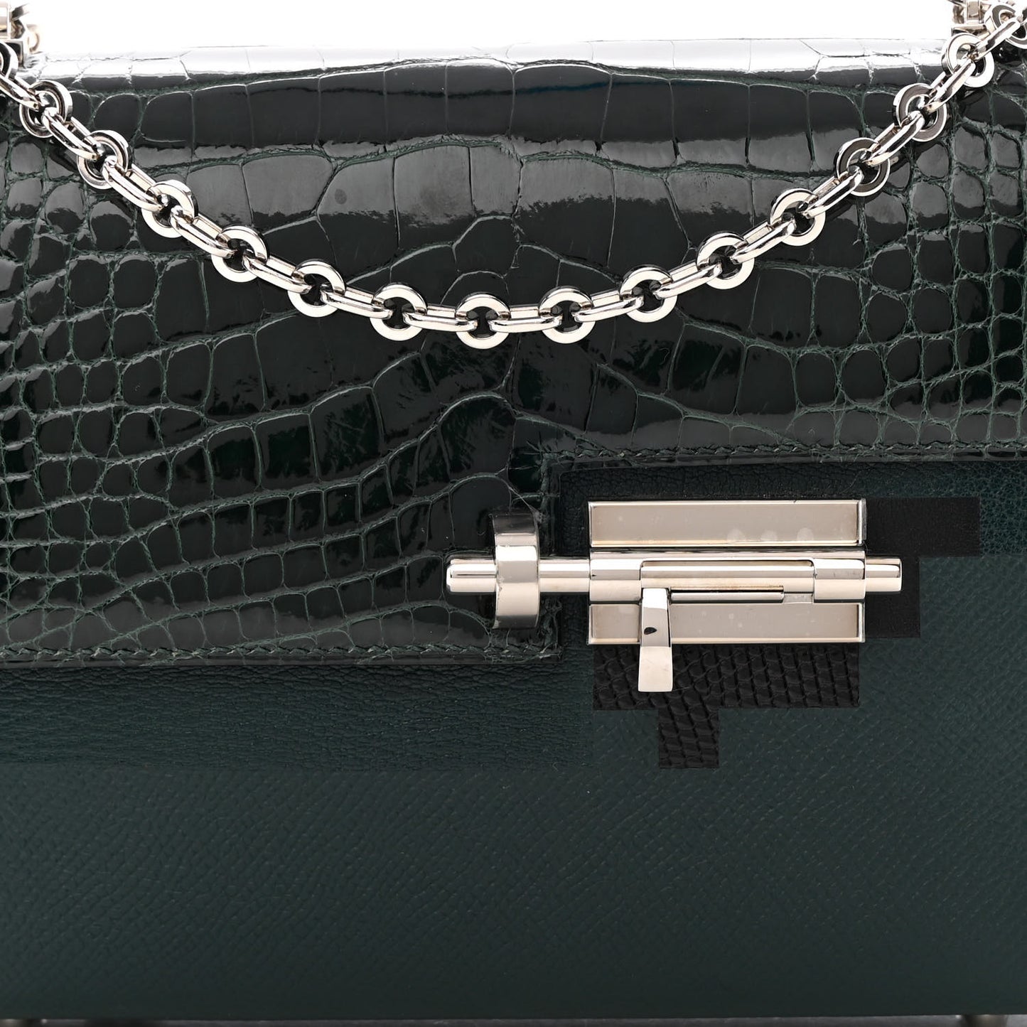 Epsom Shiny Alligator Lizard Chevre Mini Verrou Chaine Bag Vert Cypress Black