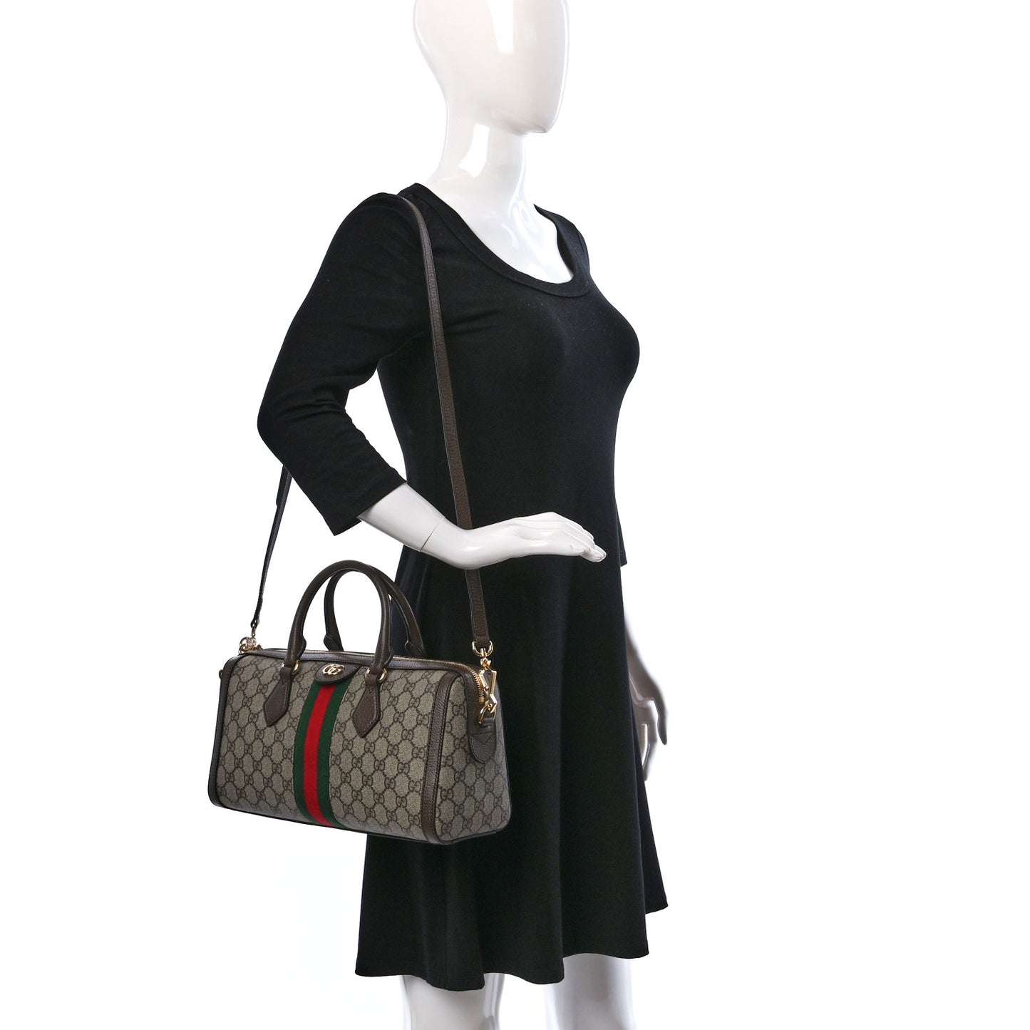 GG Supreme Monogram Textured Dollar Calfskin Web Medium Ophidia Boston Beige Ebony New Acero