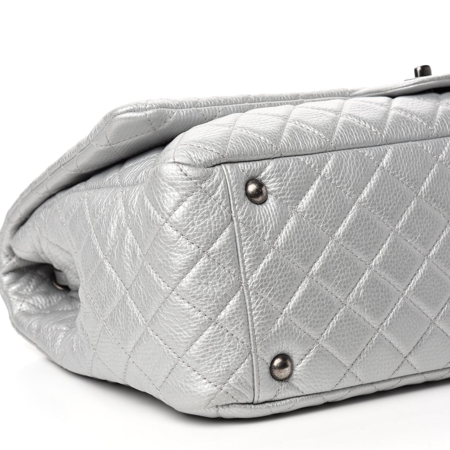 Metallic Calfskin Quilted XXL Travel Flap Bag Silver