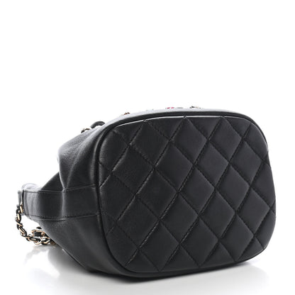 Chanel Lambskin Calfskin Quilted Strass Mania Mini Drawstring Bucket Bag Black 4 of 9